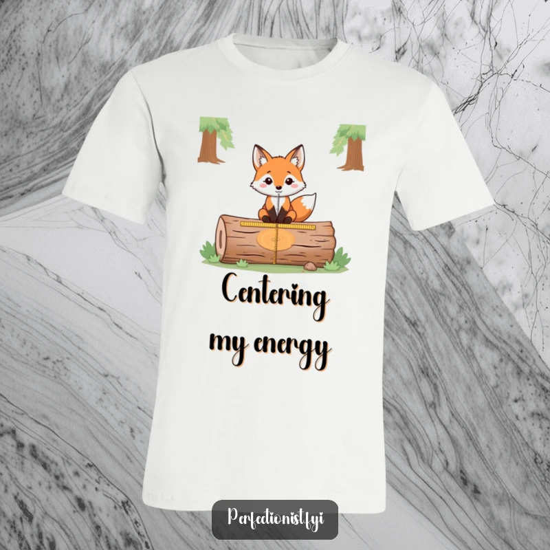 Funny t-shirt showing a fox precisely measuring the exact center of a fallen log, emphasizing its comical dedication to accuracy and geometric perfection.