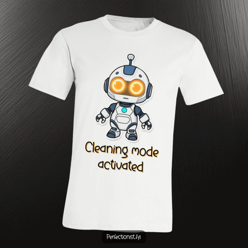 Funny Kawaii robot t-shirt, a cute robot character with bright glowing eyes diligently cleaning a surface.