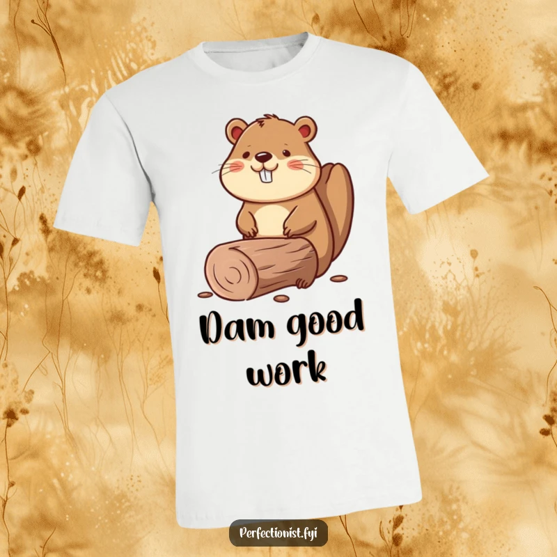 Funny t-shirt featuring a beaver carefully smoothing a perfectly straight log, representing dedication and craftsmanship.