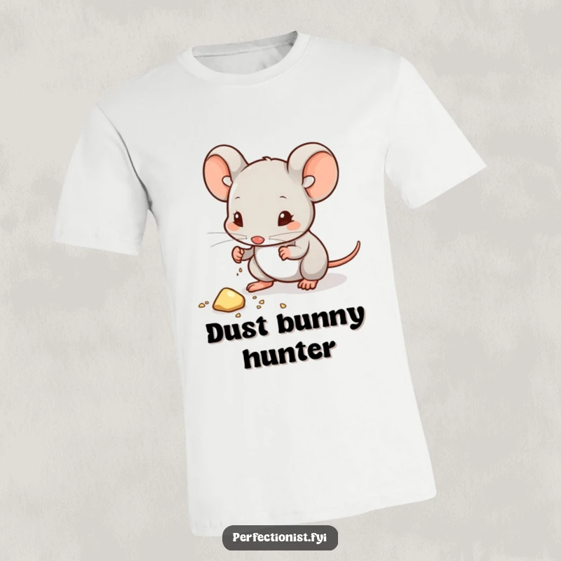 Funny t-shirt with a mouse character wiping a tiny speck of dust from a crumb, showcasing its extremely clean and humorous habits.