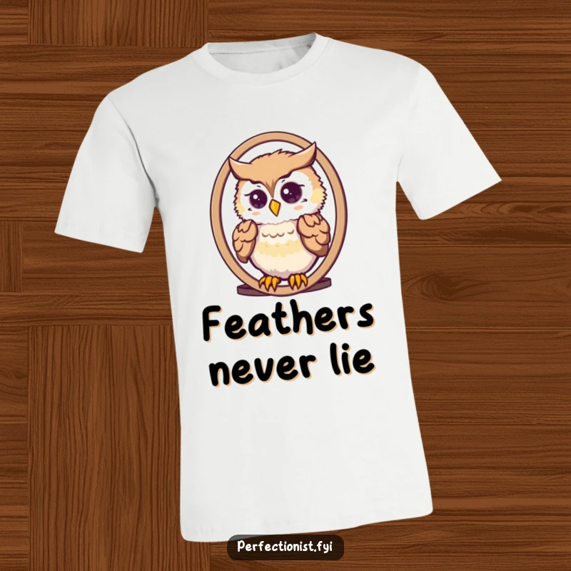 Funny cute owl meticulously arranging its feathers while looking in a mirror on a t-shirt, great for style icons.