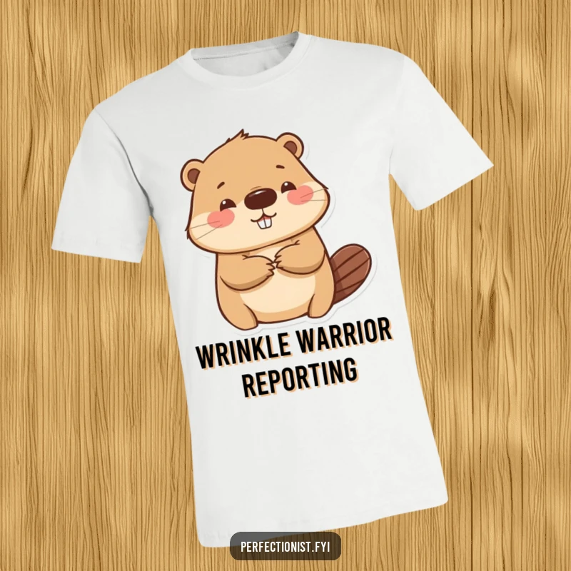 Funny beaver t-shirt showcasing an anxious beaver character carefully smoothing out a wrinkle on paper, emphasizing precision and neatness for screen readers.