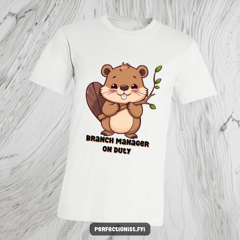 Funny t-shirt displaying a determined beaver character meticulously smoothing every single branch, embodying focus and hard work with a humorous twist.