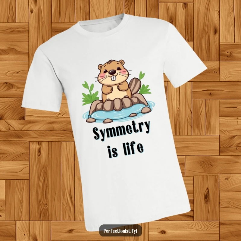 Funny beaver t-shirt depicting a happy beaver ensuring its dam is perfectly symmetrical, embodying a playful sense of order.
