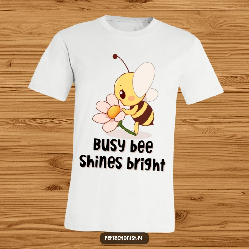 Funny Bee T-Shirt: A diligent bee character is polishing a flower petal to a shine, representing hard work and attention to detail.