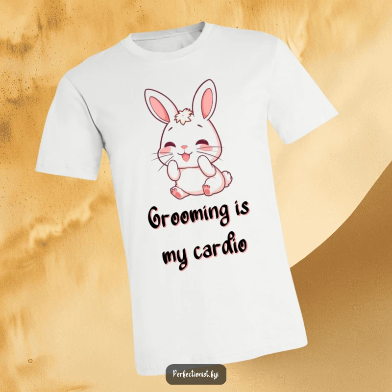 Funny bunny t-shirt with a smiling rabbit character meticulously grooming its whiskers, showcasing its dedication to dapper grooming.