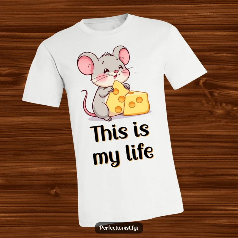 Funny content mouse t-shirt, character admiring a perfect cheese triangle, celebrating dairy, humorous apparel, great funny gift.