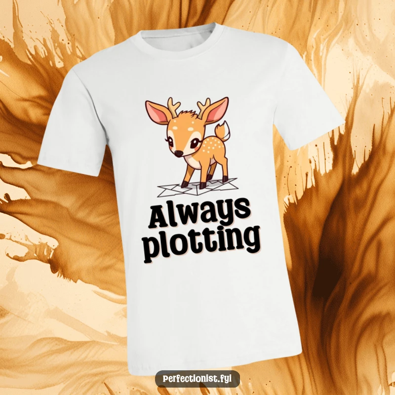 Funny deer t-shirt depicting a focused character meticulously planning a geometric pathway, celebrating strategy and organization with humor.