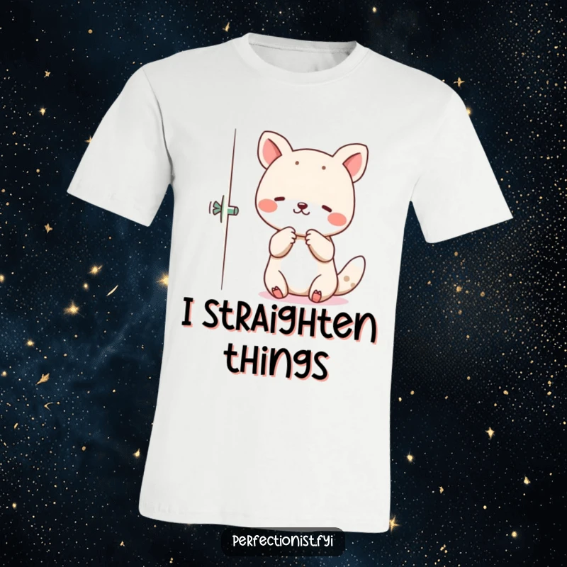 Funny T-Shirt featuring an animal character meticulously straightening crooked items with a focused expression.