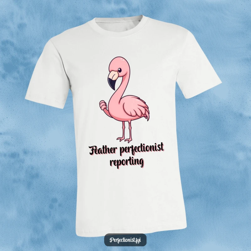 Funny flamingo t-shirt showing a blushing flamingo character concentrating on adjusting a feather, ideal for detail-oriented people.