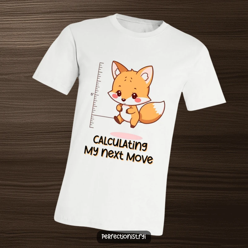 Funny t-shirt displaying a careful fox character meticulously measuring the perfect distance to jump, emphasizing its planning and athletic prowess.