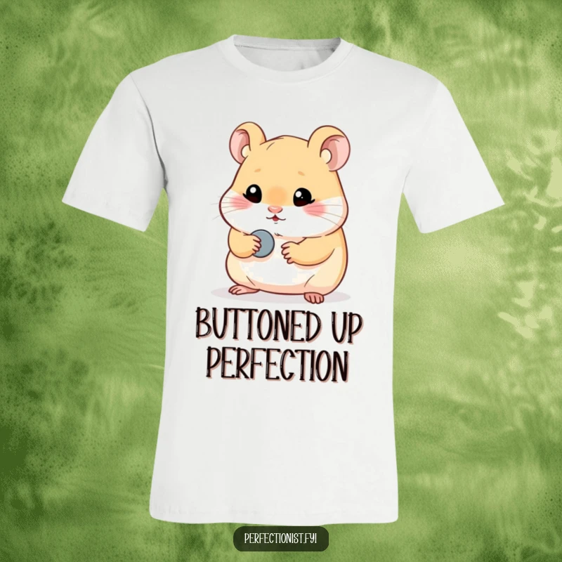 Funny hamster t-shirt depicting a perfectionist hamster character meticulously polishing a single, tiny button, showcasing humorous dedication to shine for screen readers.