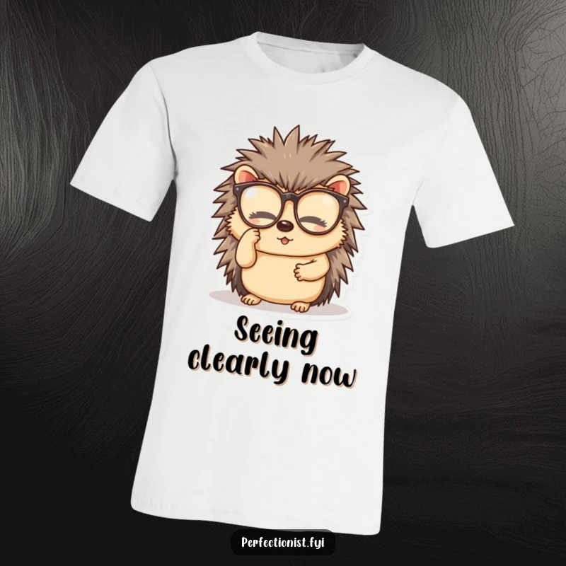 Funny t-shirt with a diligent hedgehog character meticulously cleaning its spectacles, perfect for those who love detail.