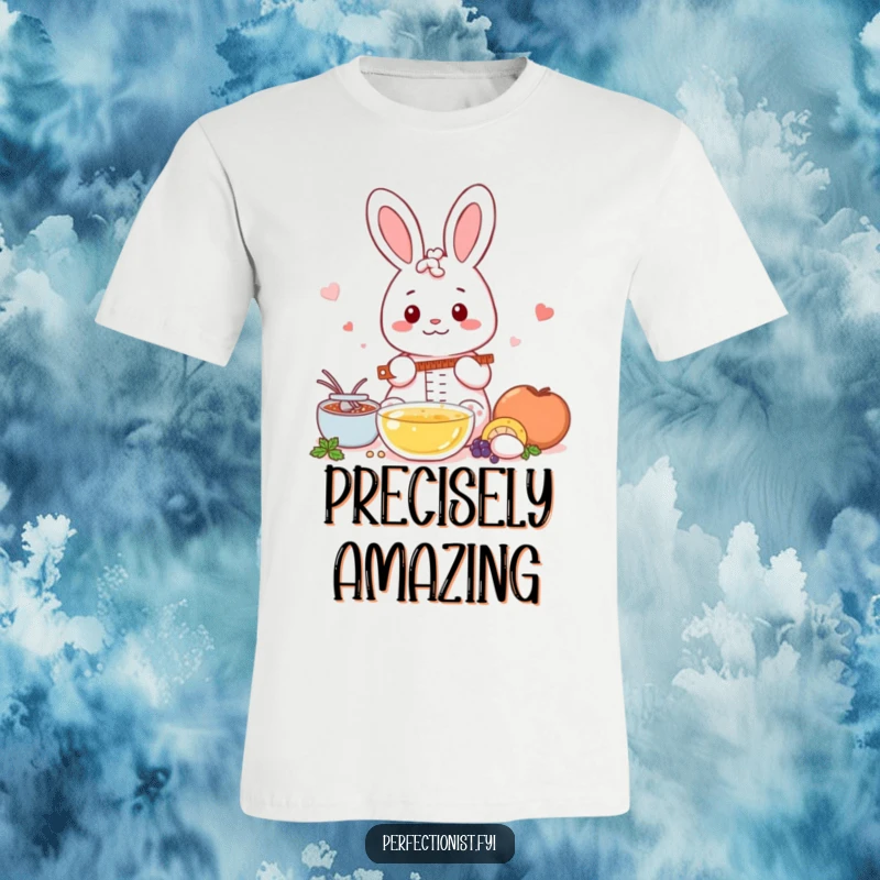 Funny Kawaii rabbit t-shirt, a cute rabbit precisely measuring ingredients, highlighting accuracy in baking.