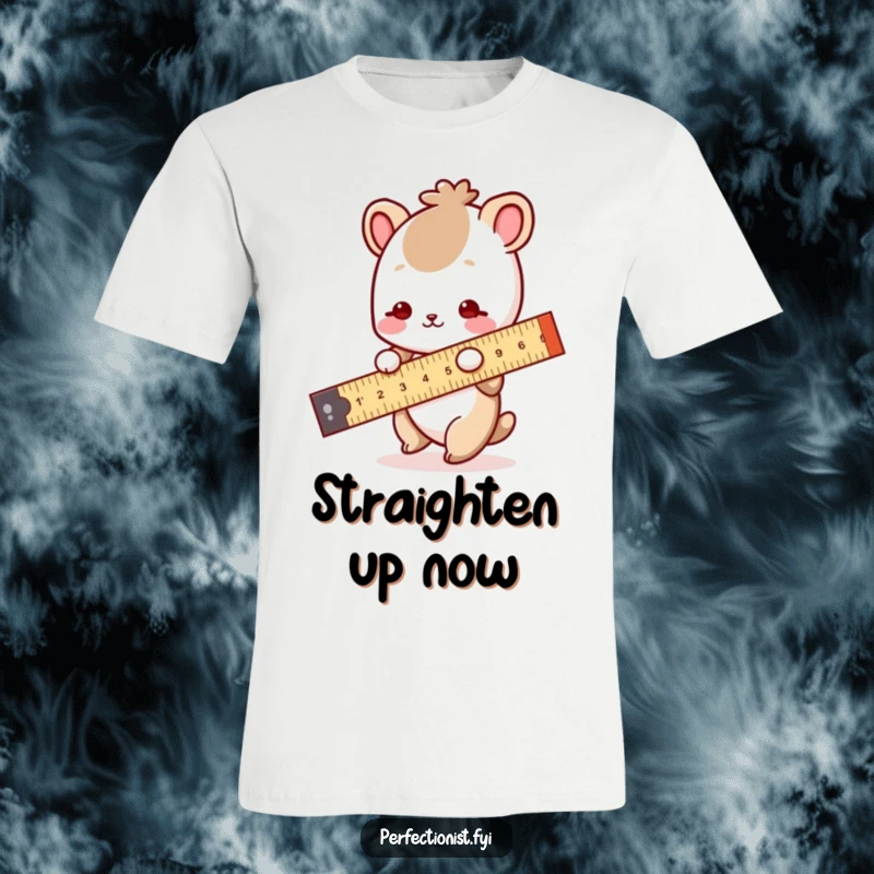 Funny T-Shirt: A small animal character is depicted using a ruler to draw a perfectly straight line, emphasizing precision and fun.