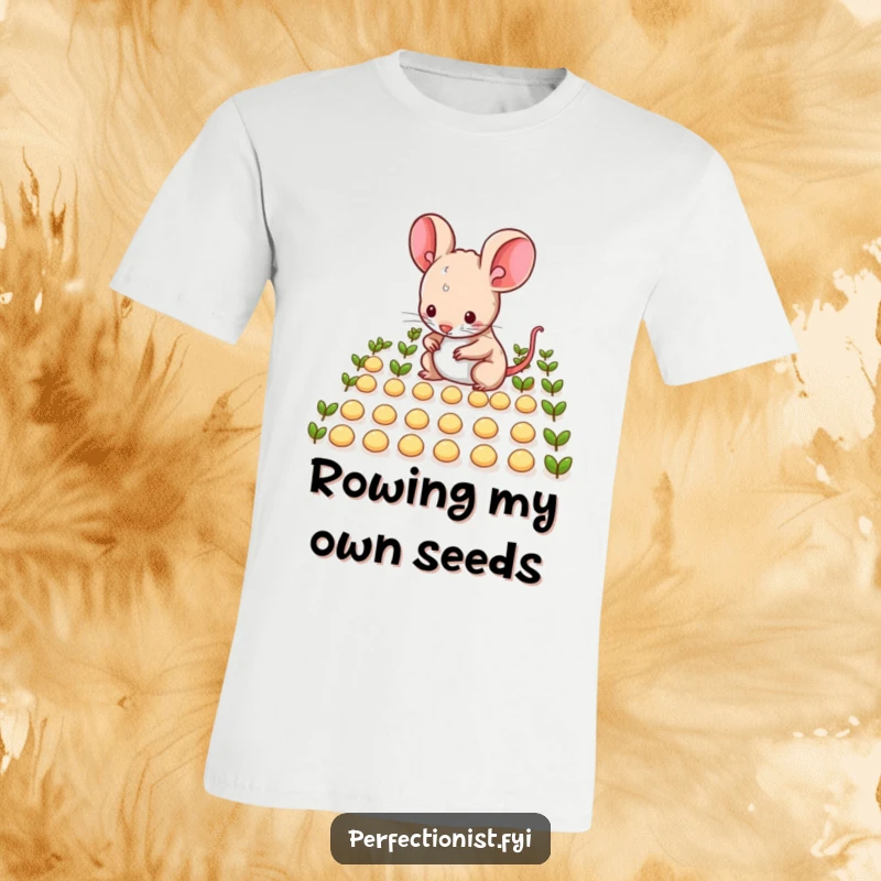 Funny mouse character precisely arranging tiny seeds in neat rows on a t-shirt, an illustration of tidiness and humor for a great funny gift.