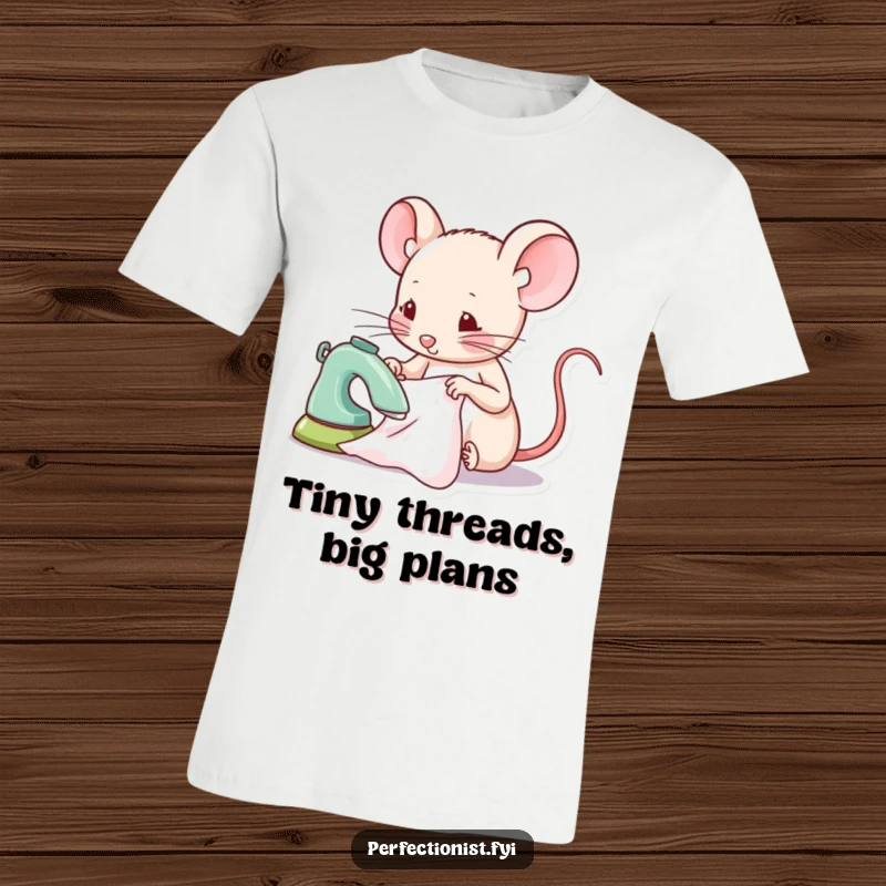 Funny mouse t-shirt showing a focused mouse character ironing a tiny piece of fabric, ideal for sewists and detail lovers.