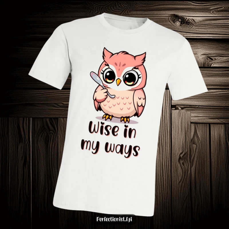 Funny t-shirt with a focused owl character meticulously polishing a single, shiny spoon, perfect for those who love detail.