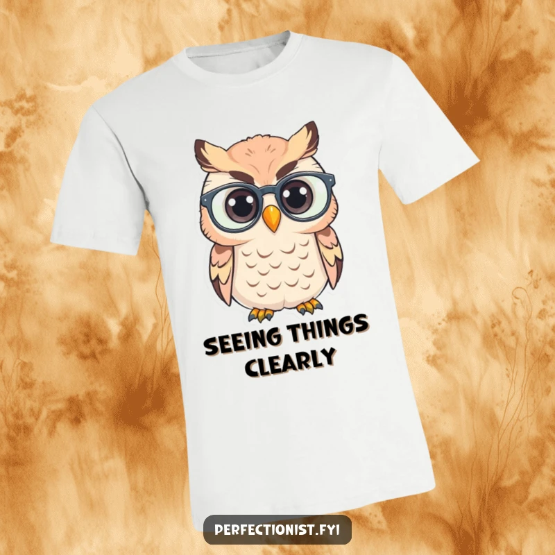 Funny T-Shirt: An owl carefully polishes its glasses, a humorous representation of intellectual pursuit.
