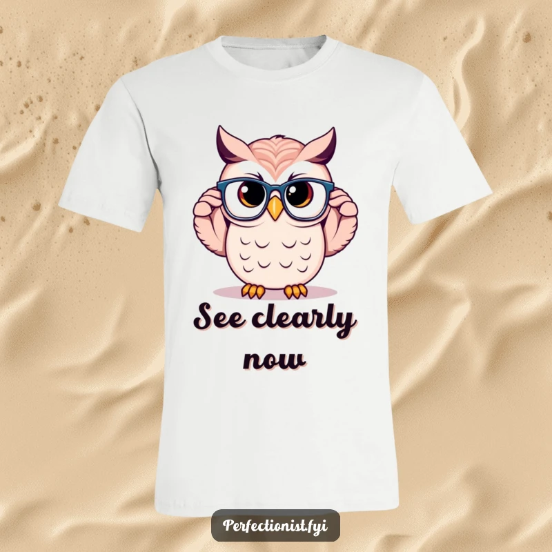 Funny Owl T-Shirt: A proud owl character is adjusting perfectly symmetrical glasses, exuding intelligence and a keen sense of style.