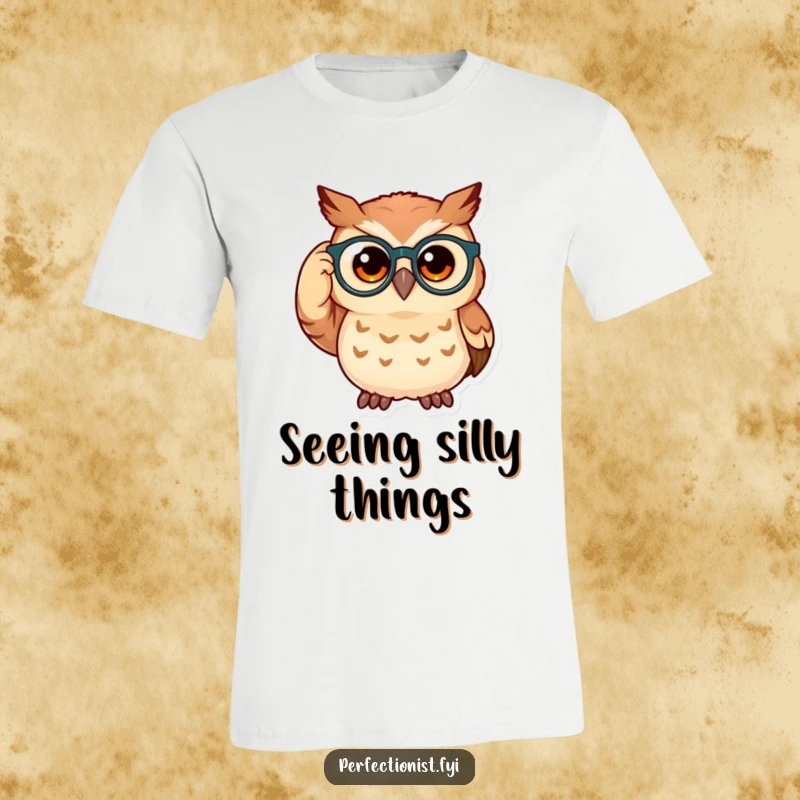 Funny owl t-shirt depicting a curious owl adjusting its spectacles, embodying a scholarly and amusing character.