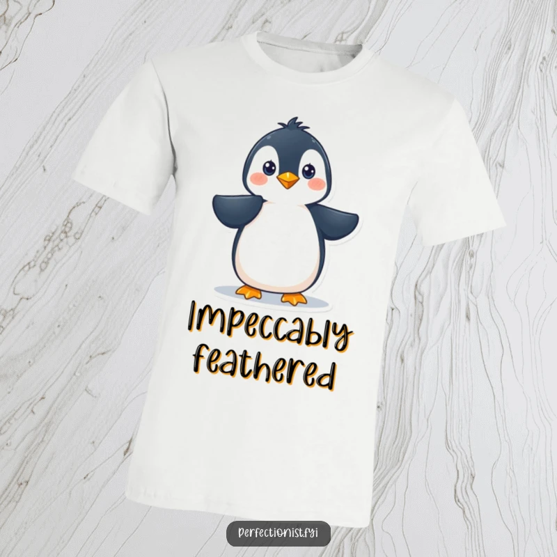 Funny penguin character precisely smoothing its feathers on a t-shirt, an illustration of polish and humor for a great funny gift.