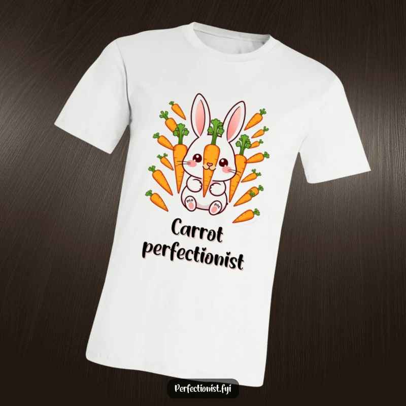 Funny T-Shirt: Meticulous rabbit character precisely aligning perfectly spaced carrots, highlighting a humorous pursuit of perfection.