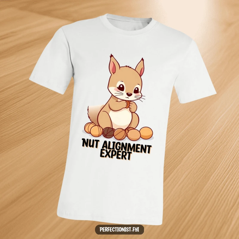 Funny T-Shirt: Precise squirrel character arranging nuts in a perfect line, highlighting a humorous dedication to order and preparation.