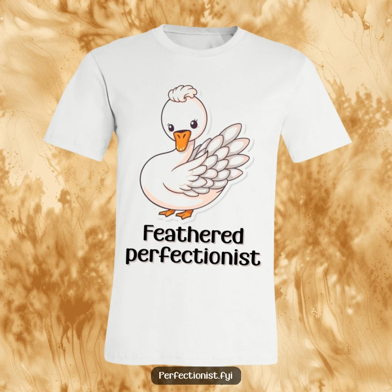 Funny t-shirt featuring a swan meticulously arranging feathers in a perfect pattern, embodying style and organization.
