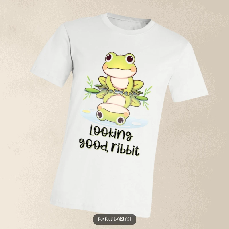 Funny t-shirt with a frog character polishing its reflection in a perfectly still pond, showcasing its pride and humorous vanity.