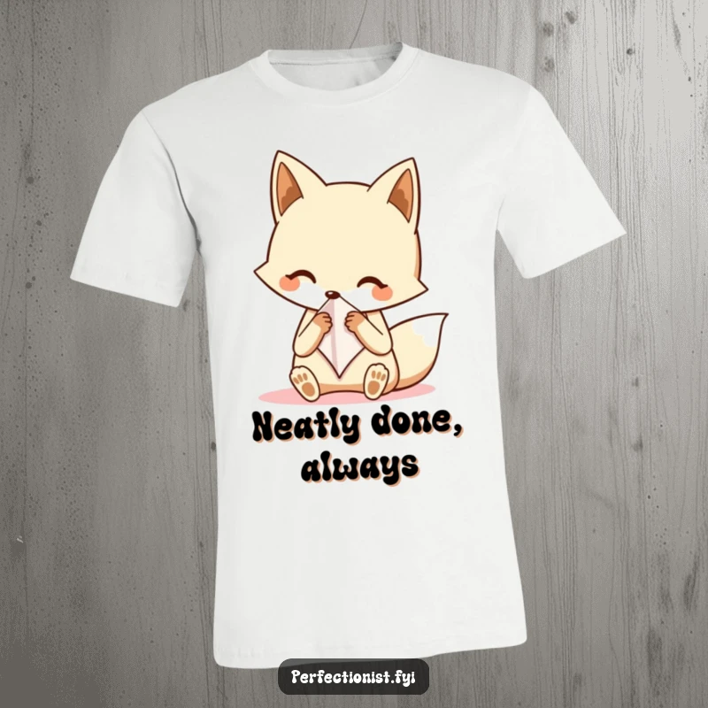 Funny fox t-shirt depicting a neat fox character meticulously folding a tiny handkerchief, showcasing dapper style and humorous attention to detail.