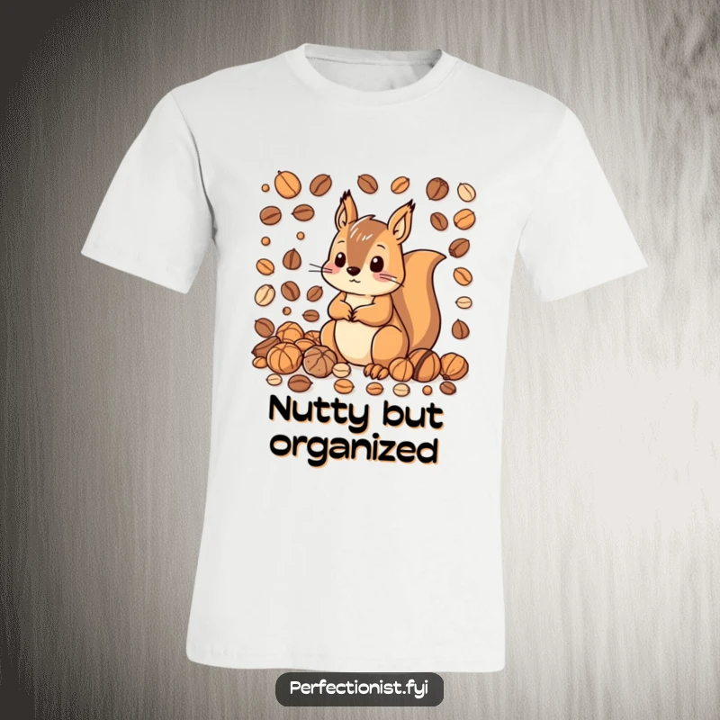 Funny t-shirt with a squirrel character perfectly arranging nuts by size and color, showing its quirky, organized lifestyle.