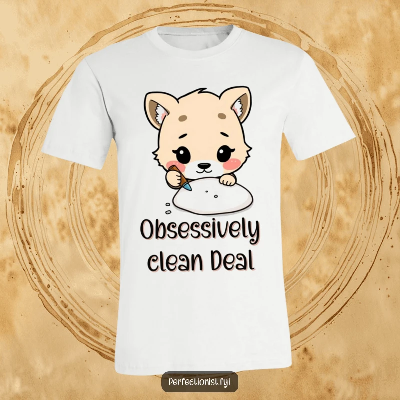 Funny t-shirt with a cute animal character intensely cleaning a tiny, almost invisible speck of dust.
