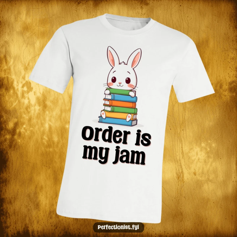 Funny t-shirt with a meticulous rabbit character arranging a tall stack of books flawlessly, perfect for bookworms and order enthusiasts.