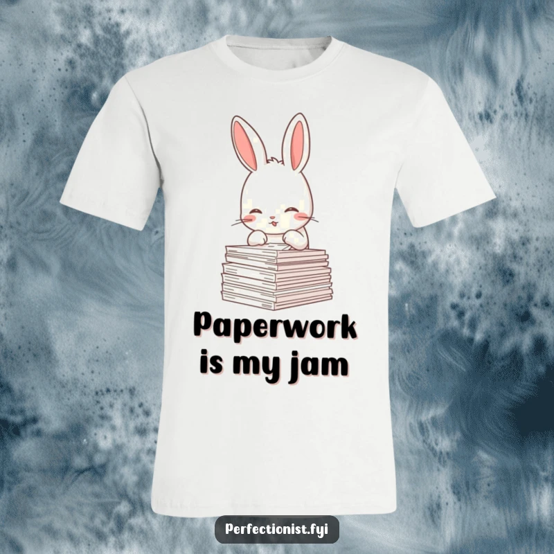 Funny Rabbit T-Shirt: A meticulous rabbit character is seen straightening a stack of papers with intense focus, perfect for office humor.