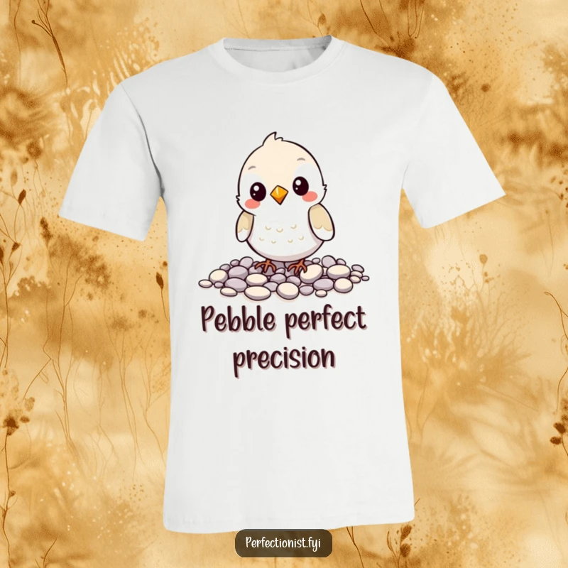 Funny t-shirt featuring a bird character carefully aligning small pebbles, highlighting its OCD tendencies and charmingly precise hobby.