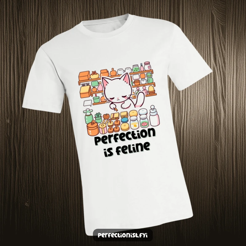 Funny T-Shirt: A precise cat meticulously lines up objects, showcasing humorous dedication to neatness.