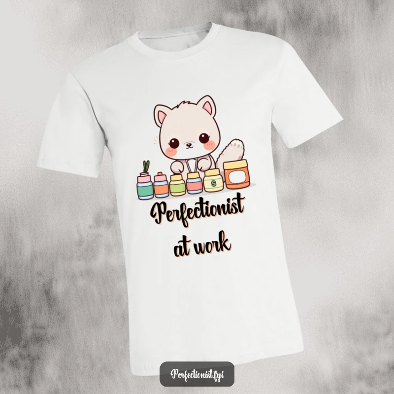 Funny T-Shirt: An animal character is seen carefully arranging items in a perfectly straight line, highlighting its neatness and a funny, humorous vibe.