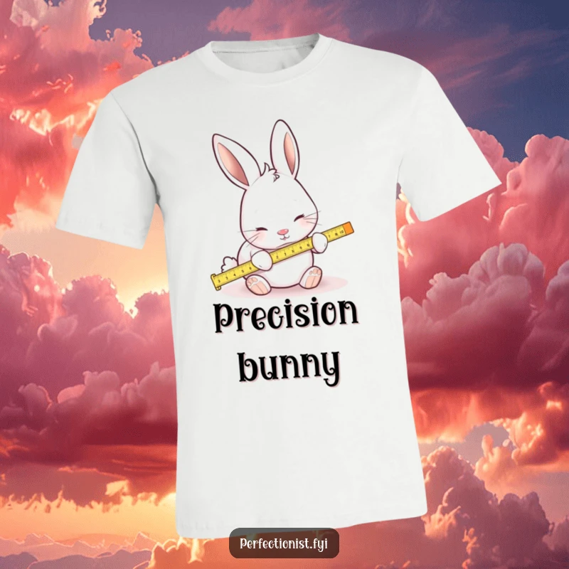 Funny t-shirt showcasing a focused rabbit using a miniature ruler to determine exact dimensions, a humorous look at meticulousness.