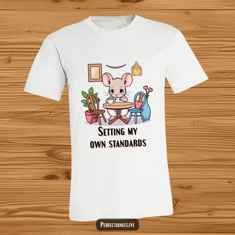 Funny mouse t-shirt depicting a focused mouse character adjusting a miniature table setting, showcasing humorous attention to detail for screen readers.