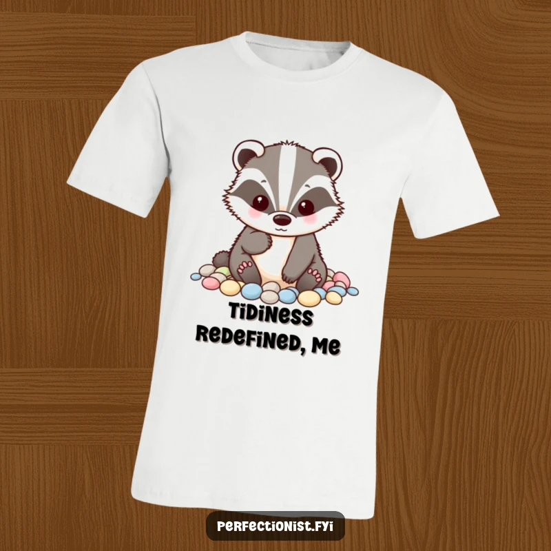 Funny badger t-shirt depicting a tidy badger character meticulously alphabetizing small pebbles, showcasing humorous dedication to order for screen readers.