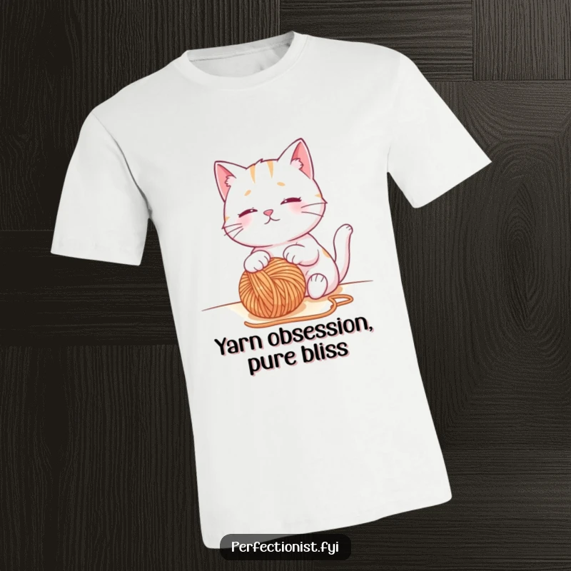 Funny cat t-shirt showing a contented cat character observing a perfectly placed ball of yarn, ideal for crafters and cat enthusiasts.