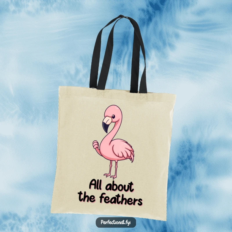 Funny flamingo tote bag depicting a blushing flamingo character adjusting a feather, a humorous and practical gift.