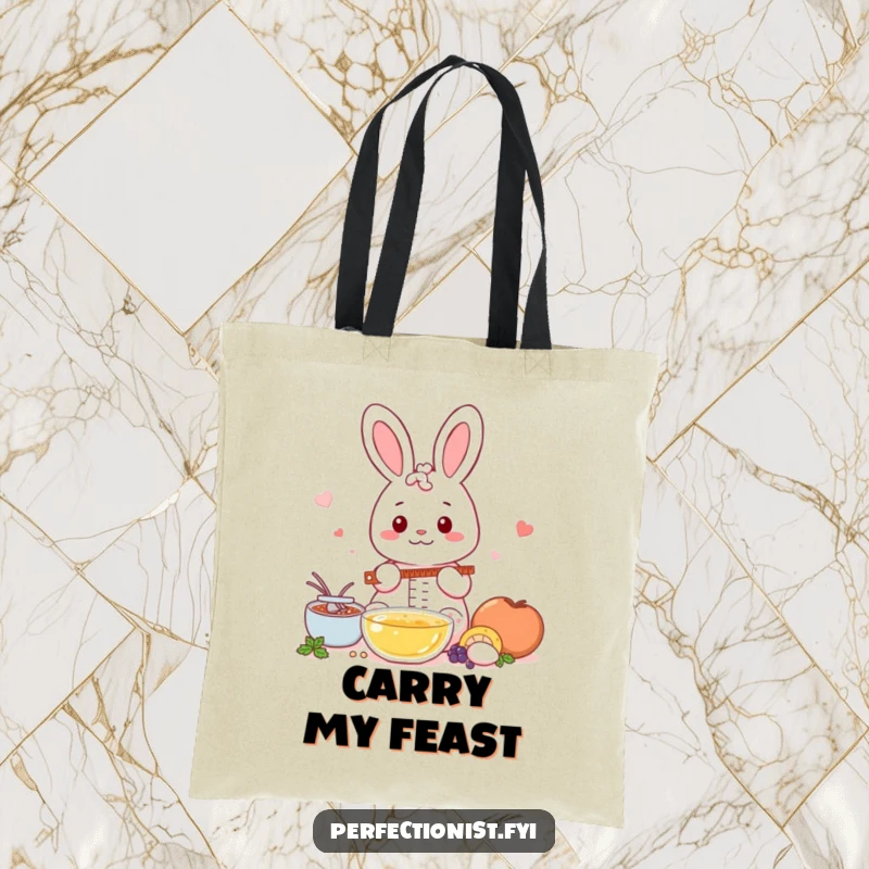 Funny Kawaii rabbit tote bag, a cute rabbit meticulously measuring ingredients with extreme precision.