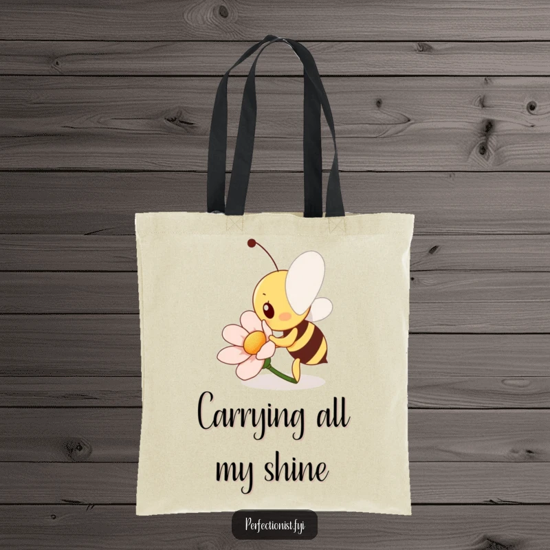 Funny Bee Tote Bag: A diligent bee character is polishing a flower petal to a shine, symbolizing attention to detail in everyday tasks.