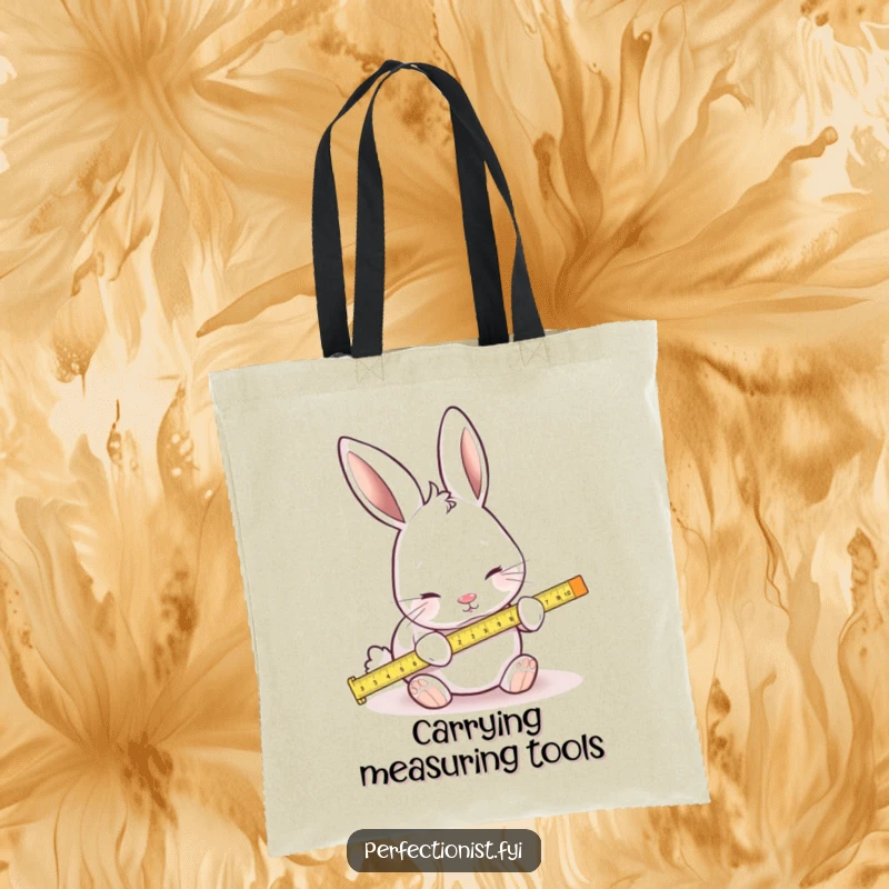 Funny tote bag with a focused rabbit using a tiny ruler to measure everything, a humorous illustration of exactness.