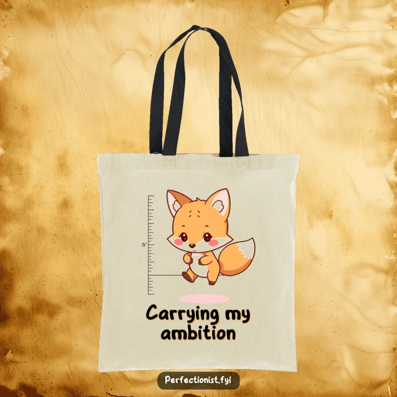 Funny tote bag depicting a careful fox character measuring the perfect distance to jump, perfect for carrying essentials with strategic flair.