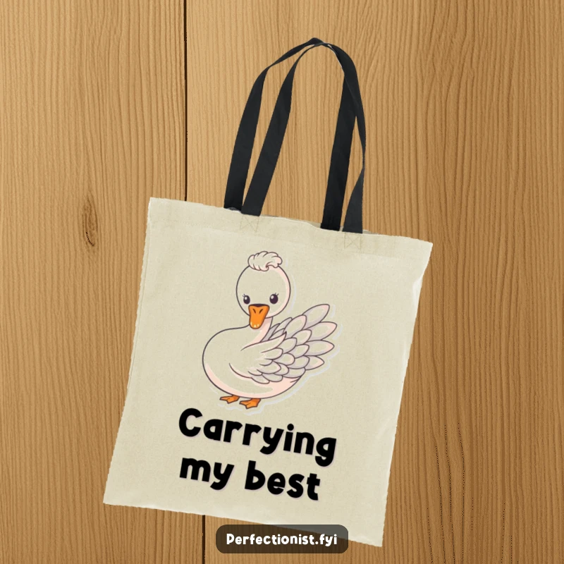 Funny tote bag showing a swan meticulously arranging feathers in a neat pattern, perfect for stylish carrying.
