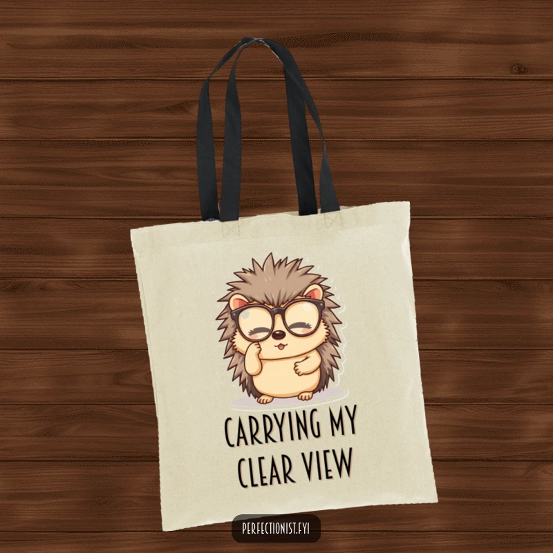 Funny tote bag depicting a diligent hedgehog character meticulously cleaning its spectacles, ideal for carrying essentials humorously.