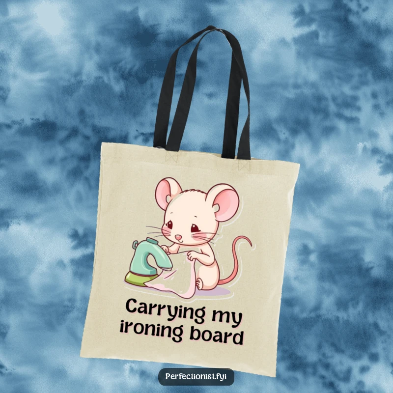 Funny mouse tote bag depicting a focused mouse character ironing a tiny piece of fabric, a humorous and practical gift.